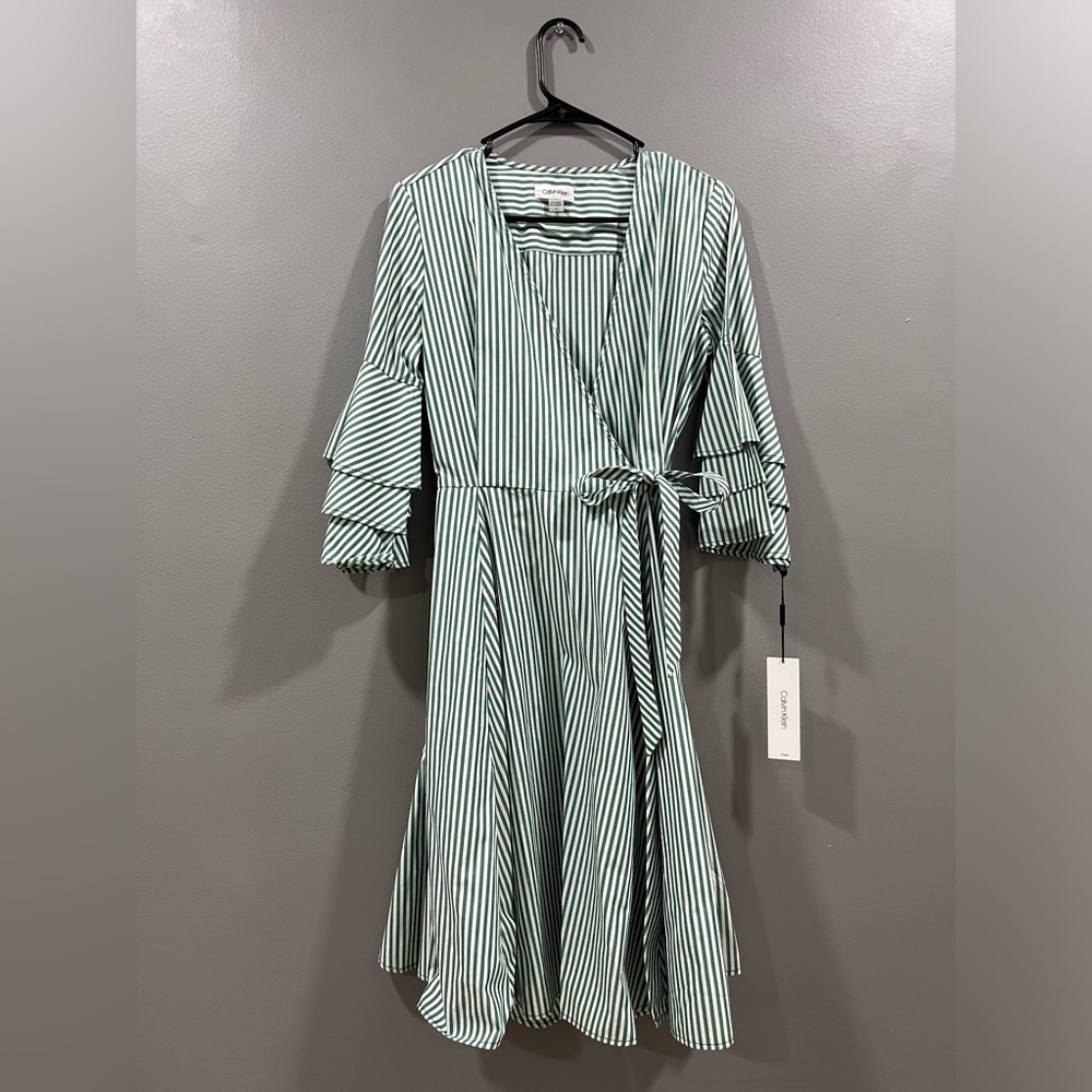 Calvin Klein Green Striped Long Sleeve Dress